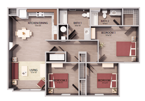 Floor plan for 3 beds, 2 baths, 1121 sqft